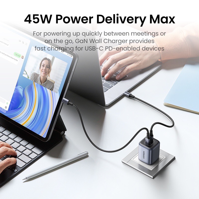 Củ sạc nhanh Nexode GaN 45W 2 cổng USB Type-C x2 Hỗ trợ QC4+, PD3.0 Ugreen 90572 cao cấp (US)