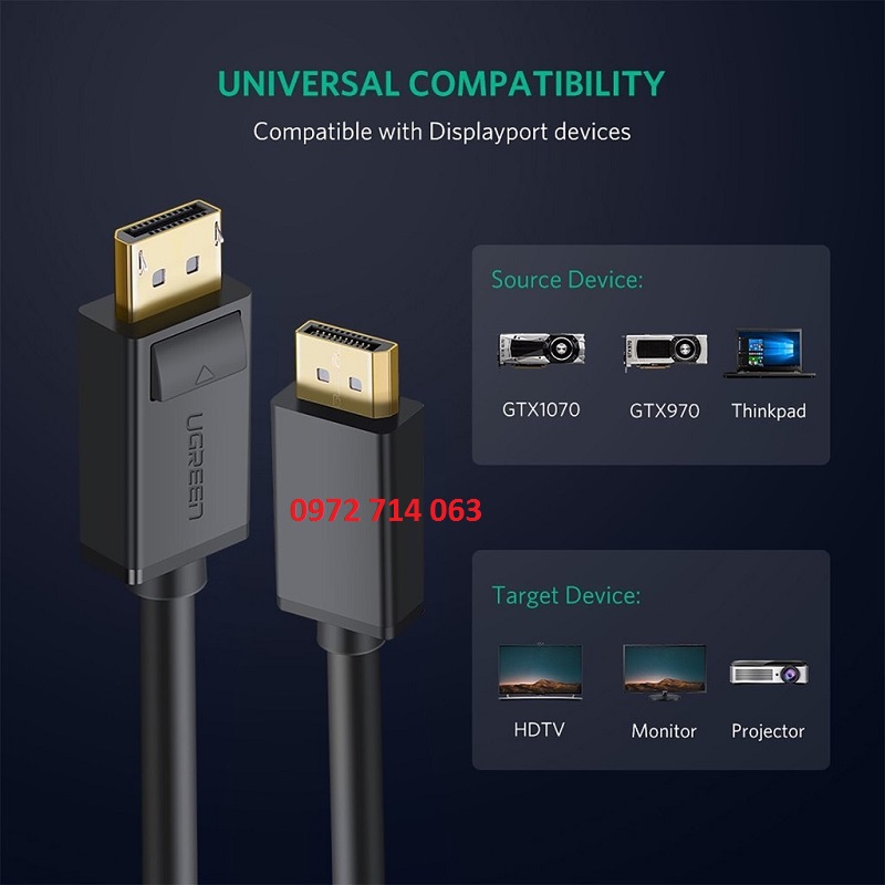 Dây, Cáp Displayport sang Displayport Ugreen dài 2m cao cấp 10211 cao cấp