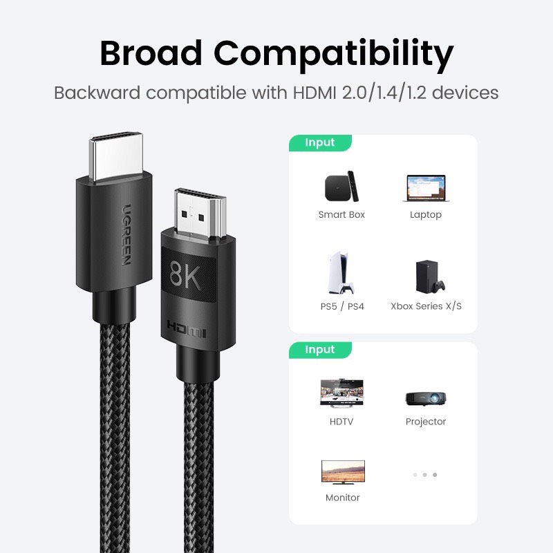 Dây, Cáp HDMI 2.1 dài 1M 8K@60Hz 48Gbps hỗ trợ HDR eARC Ugreen 40178 cao cấp