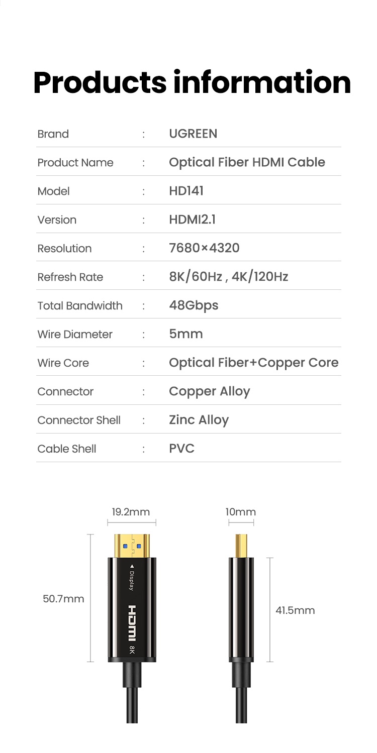 Dây, Cáp HDMI 2.1 sợi quang 10M Ugreen 8k/ 60hz chính hãng 80406 cao cấp