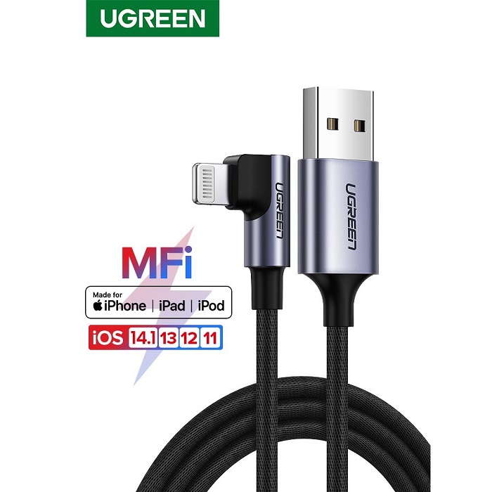 Dây cáp UGREEN bện nylon dạng góc 90 độ MFI cổng USB-C sang Lightning dài 1,5m US305 60764