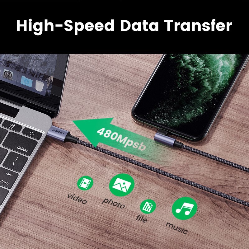 Dây cáp UGREEN bện nylon dạng góc 90 độ MFI cổng USB-C sang Lightning dài 2M US305 60765 cao cấp