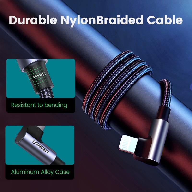 Dây cáp UGREEN bện nylon dạng góc 90 độ MFI cổng USB-C sang Lightning dài 2M US305 60765 cao cấp