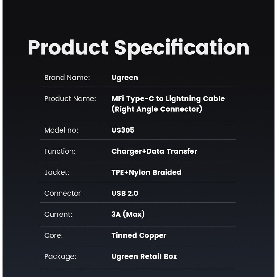 Dây cáp UGREEN bện nylon dạng góc 90 độ MFI cổng USB-C sang Lightning dài 2M US305 60765 cao cấp