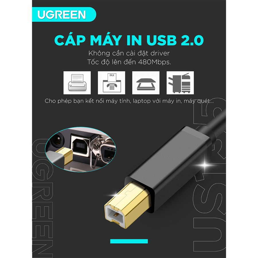 Dây, Cáp USB 2.0 máy in 3m Ugreen 10351 đầu cáp mạ