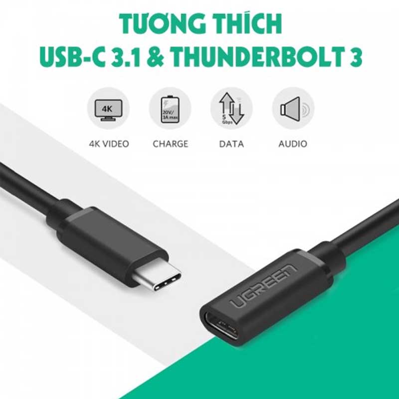 Ugreen 10387 Cáp nối dài USB Type-C 3.1 GEN2 (Male/Female) hỗ trợ 4k@60hz dài 1m chính hãng