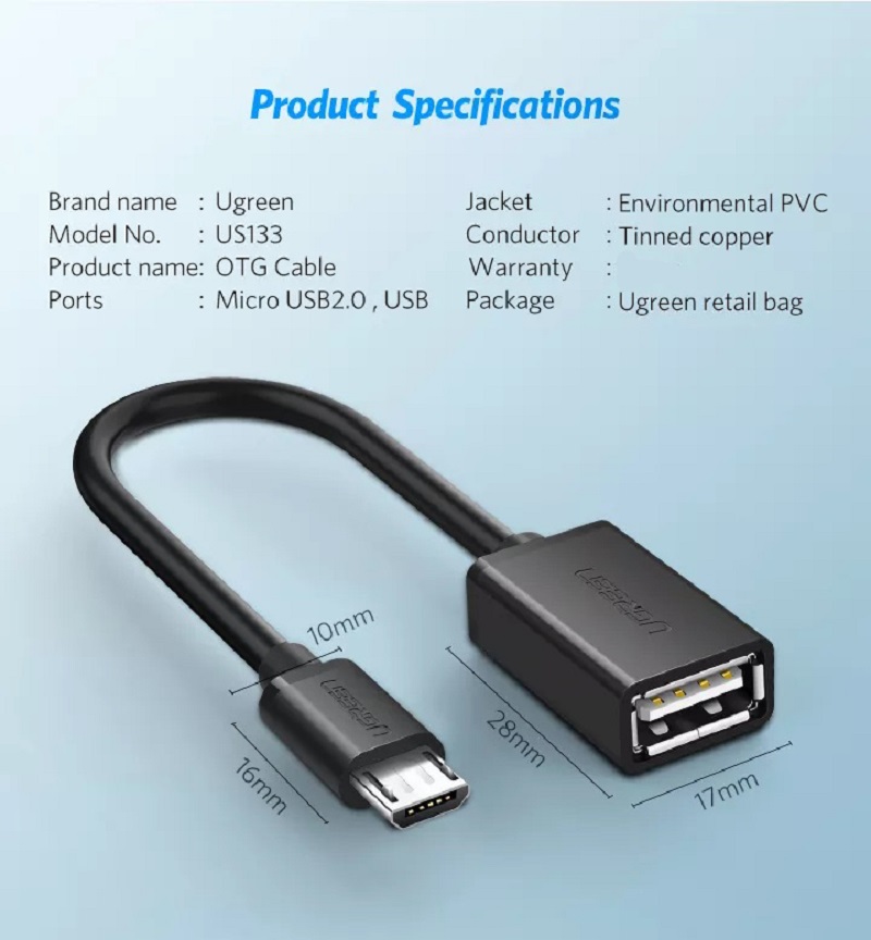 Ugreen 10396 cáp chuyển đổi  Micro USB Male to USB-A Female có mạ Niken 15cm (Đen)