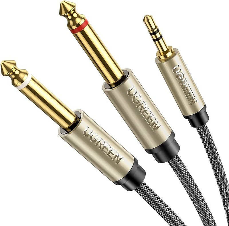 Ugreen 10618 cáp audio 3.5mm ra hai đầu 6.35mm dài 3M mạ vàng 24K cao câp (màu xám)