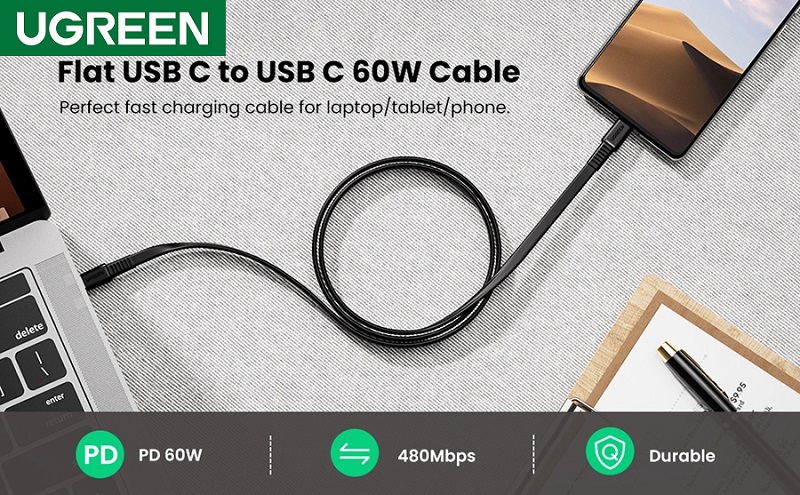 Ugreen 10974 Cáp sạc USB-C sang USB-C  3A màu đen 0,5m chính hãng