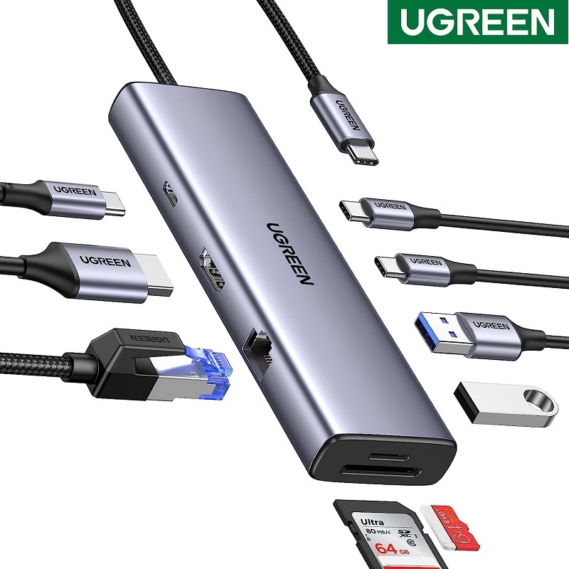 Ugreen 15375 Bộ chuyển đổi USB-C to USB-A 3.0*2+USB-C 3.0*2+HDMI+PD+SD/TF+RJ45 4K60Hz chính hãng