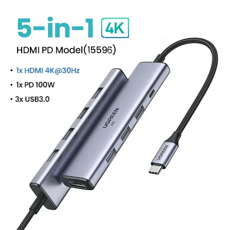 Ugreen 15596 Bộ chuyển đổi nguồn USB-C sang HDMI+3*USB 3.0 A+PD 4K@30Hz cao cấp