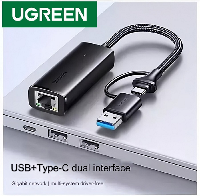 UGREEN 15638 Bộ chuyển đổi USB-C/USB-A sang Ethernet 1000Mbps cao cấp