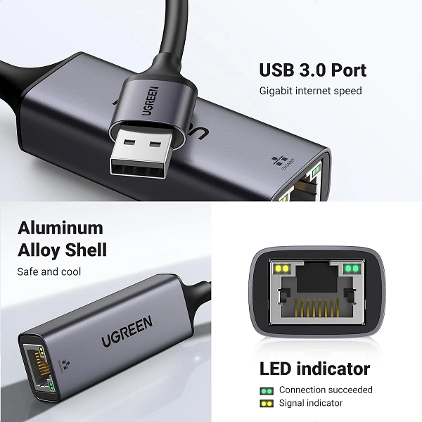 Ugreen 15736  Cáp chuyển USB 3.0 to Lan 1000 Mbps cao cấp