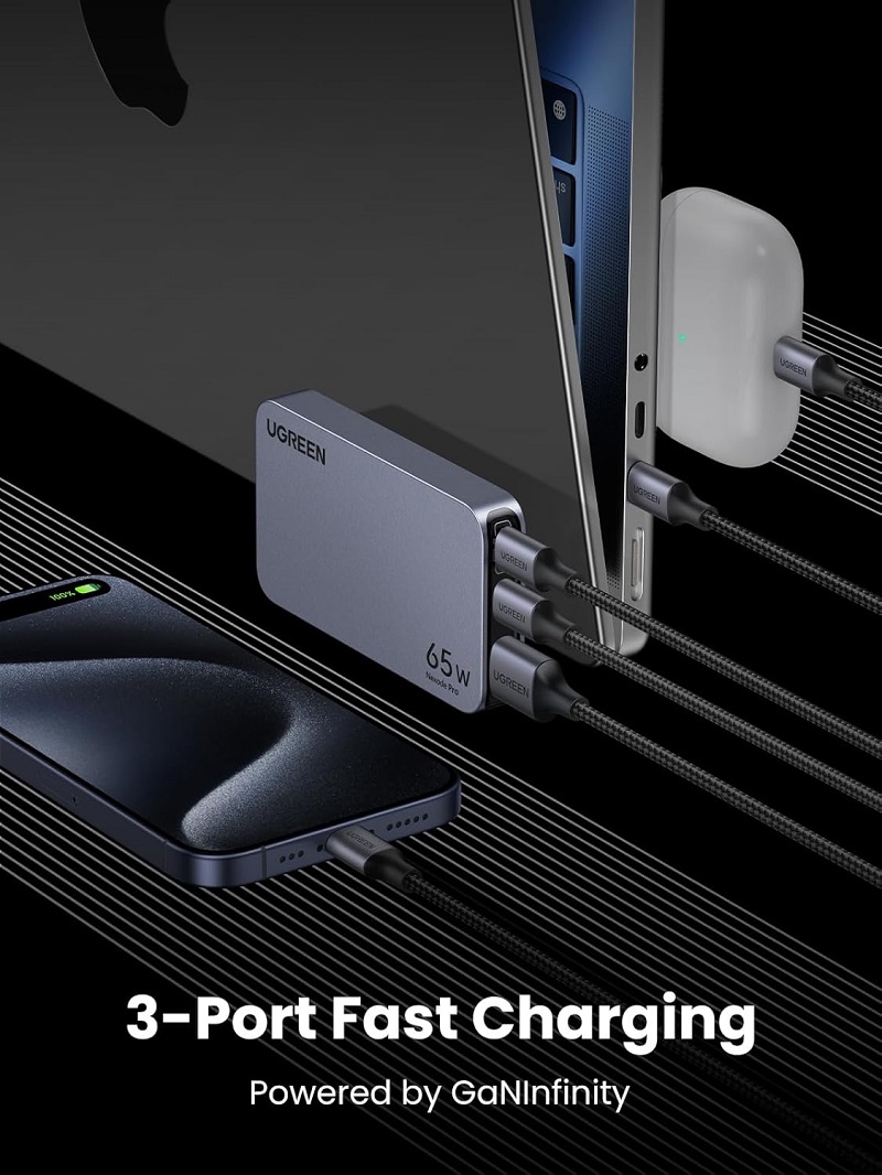 Ugreen 15817 Củ sạc 2 cổng USB-C và 1 USB 65W màu ghi xám