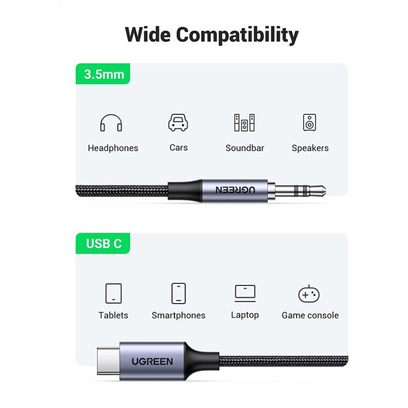 UGREEN 20192 Cáp chuyển đổi USB Type-C sang 3.5mm dài 1M chính hãng (có Chip DAC)