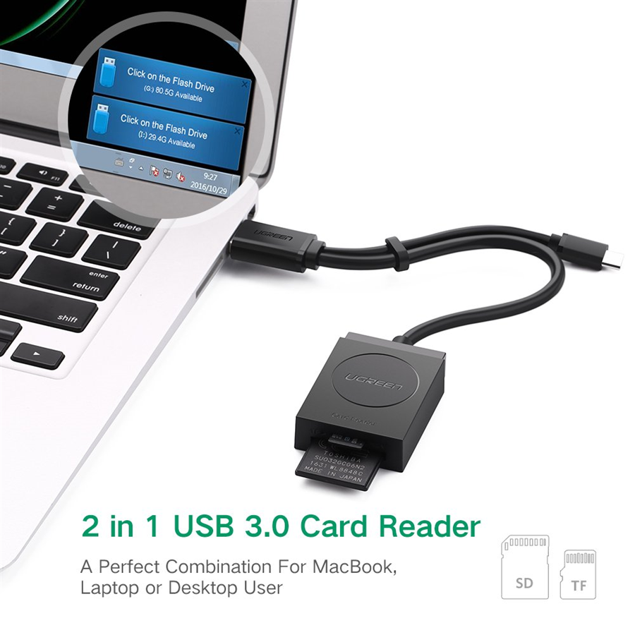 Ugreen 20203,Đầu đọc thẻ nhớ Micro SD/SD chuẩn USB 3.0 + OTG Chính hãng Cao Cấp