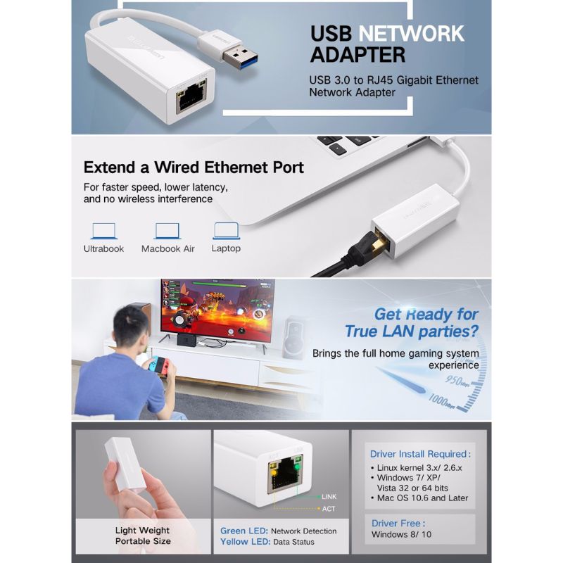 UGREEN 20255 Cáp chuyển USB 3.0 to Lan hỗ trợ 10/100/1000 Mbps chính hãng