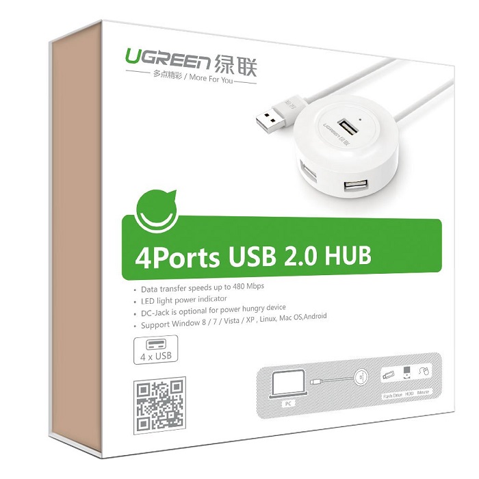 Ugreen 20270 - Bộ chia hub USB 2.0, 4 cổng 1m (trắng) cao cấp