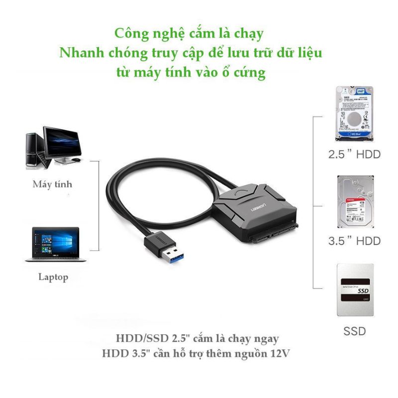 UGREEN 20611 Cáp USB to SATA HDD 2,5 và 3,5 Converter Có nguồn phụ