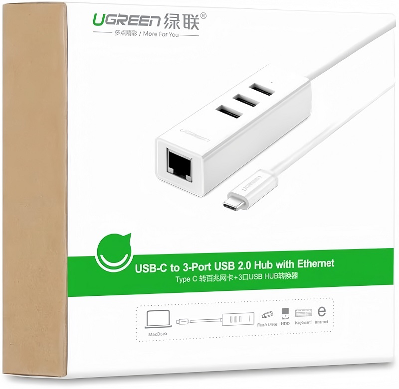 Ugreen 20792 Bộ chia USB Type C sang Hub 3 cổng USB 2.0 và 1 cổng Lan cao cấp