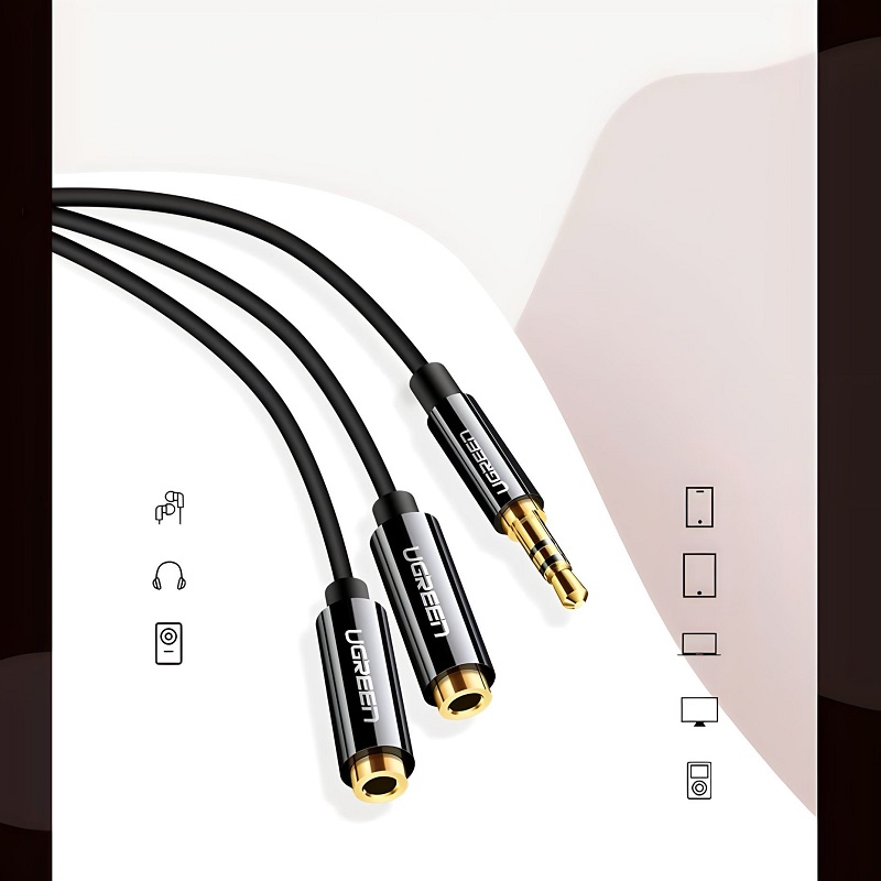 Ugreen 20816 cáp chia âm thanh từ 1 ra 2 cổng âm thanh 3.5mm dài 20cm mạ vàng 24K cao cấp (màu đen)