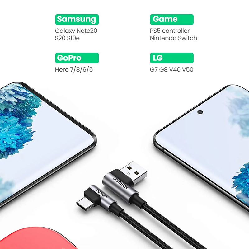 Ugreen 20856  Cáp UGREEN Angled USB 2.0 A to Type C Vỏ Nhôm Mạ Niken 1m (Đen) chính hãng