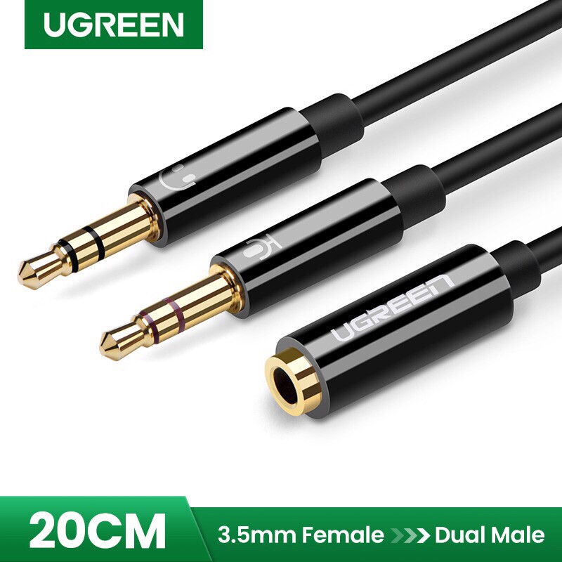 Ugreen 20898 Dây cáp gộp mic và tai nghe sang jack 3.5mm âm, ABS, đen, 20cm