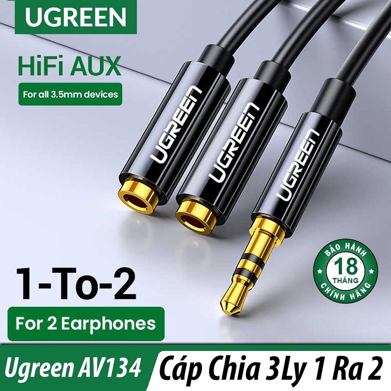 Ugreen 20898 Dây cáp gộp mic và tai nghe sang jack 3.5mm âm, ABS, đen, 20cm