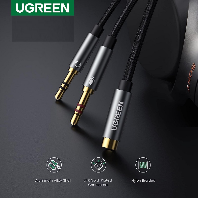 Ugreen 20899, Dây cáp gộp mic và tai nghe sang jack 3.5mm âm Vỏ nhôm, màu đen, 20CM