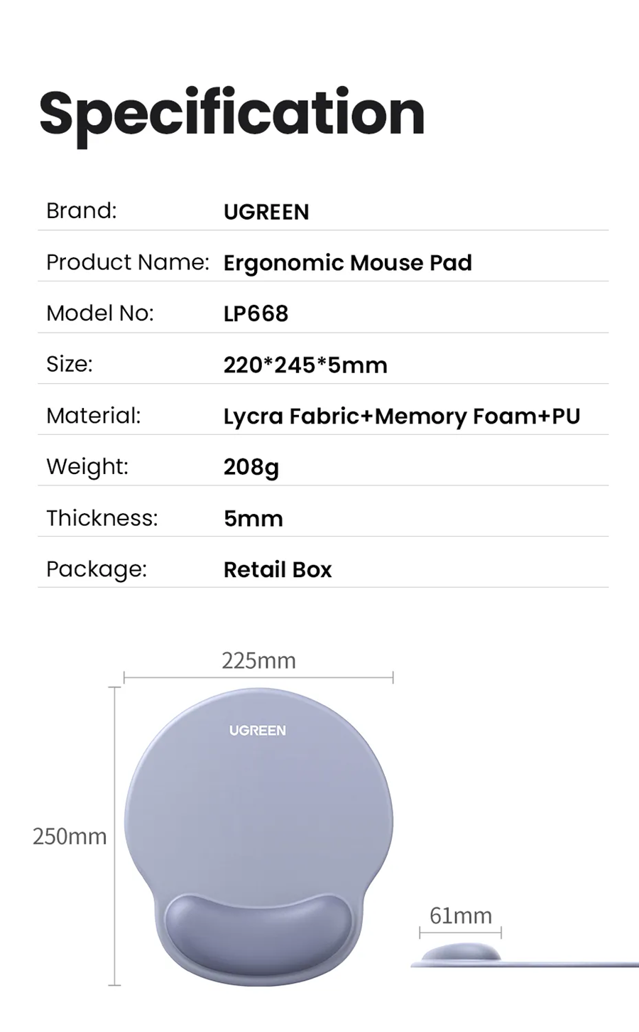 Ugreen 25244 Tấm lót chuột chất liệu cao su (không xốp) màu xám
