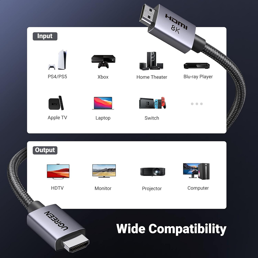Ugreen 25908 Cáp HDMI 2.1 dài 1M HD171, 48Gbps 8K@60Hz 4K@240Hz, HDCP 2.2&2.3, eARC HDR cao cấp