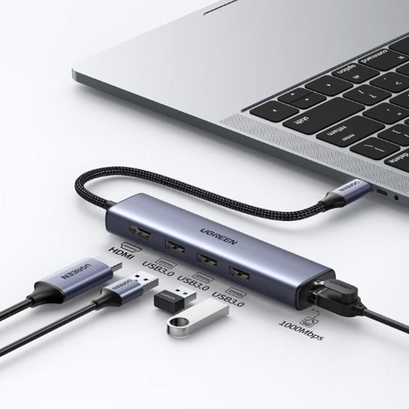 Ugreen 29034 Bộ chuyển UGREEN USB-C sang 3*USB 3.0 + HDMI + RJ45 4K60Hz