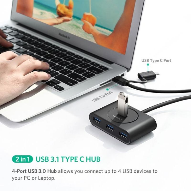 UGREEN 30291 Bộ Hub chia cổng 4 cổng USB 3.0 cáp dài 2M cao cấp (Màu Đen)