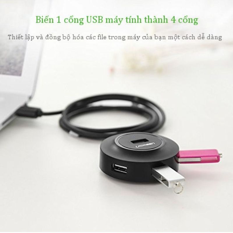 UGREEN 30367 Bộ chia USB 4 cổng USB 2.0 có đèn LED 200 cm màu đen