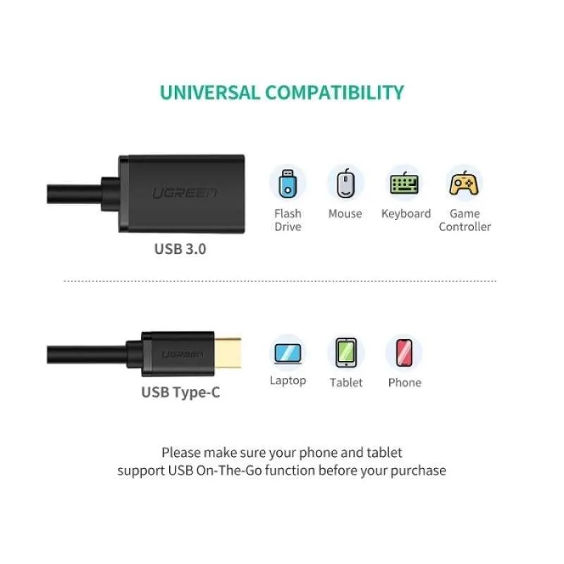 Ugreen 30701 USB-C sang USB 3.0 A màu đen cao cấp.