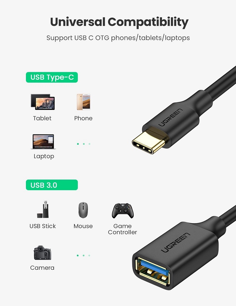 Ugreen 30701 USB-C sang USB 3.0 A màu đen cao cấp.