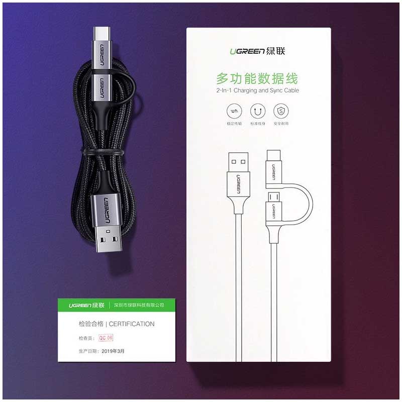 Ugreen 30875 Cáp UGREEN USB-A to Micro USB + USB Type-C 1m (Đen) cao cấp