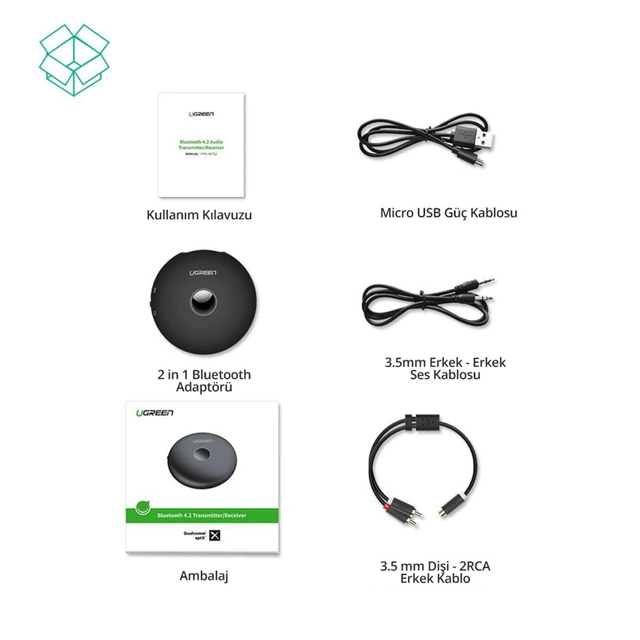 Ugreen 40762, Bộ Thu Phát Music Bluetooth 4.2  (TX/RX) 2 trong 1 hỗ trợ APTX Cao Cấp