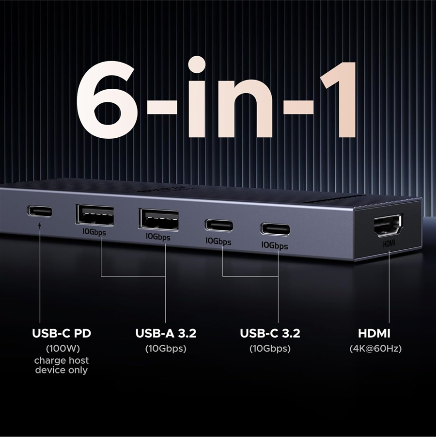 UGREEN 45363 Revodok Pro Bộ chia 6in1 USB-C sang HDMI 4K 60Hz, PP 100W, 2 USB-A và 2 USB-C 10Gbps
