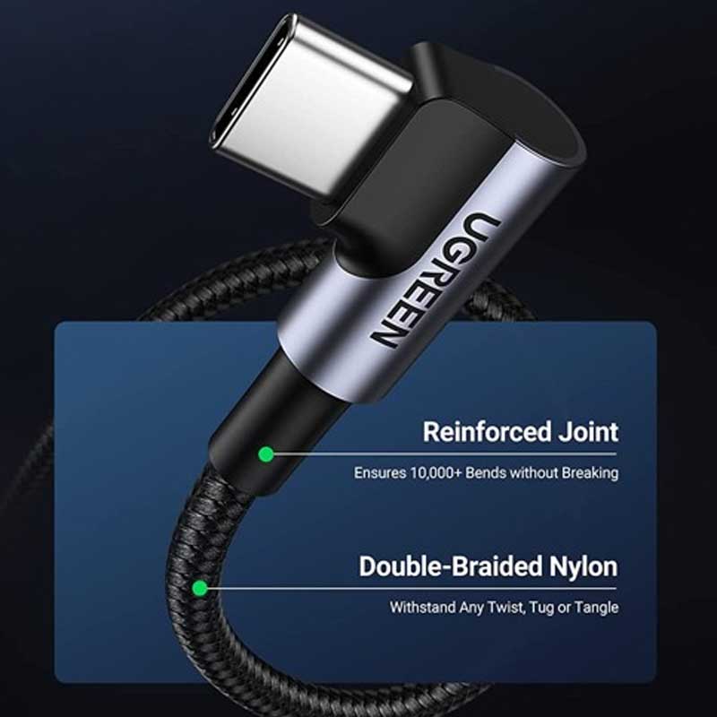 Ugreen 50122 UGREEN USB-C to Angled USB 2.0 C M/M Cáp Tròn Vỏ Nhôm Mạ Niken 0.5m (Xám Đen)