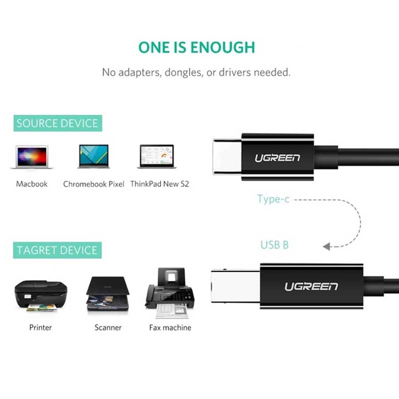 Ugreen 50446 Cáp máy in USB 2.0 Type-C to USB Type-B dài 2M (Màu đen) chính hãng