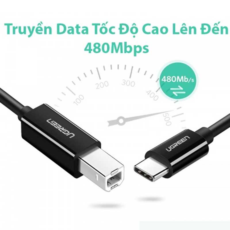 Ugreen 50446 Cáp máy in USB 2.0 Type-C to USB Type-B dài 2M (Màu đen) chính hãng