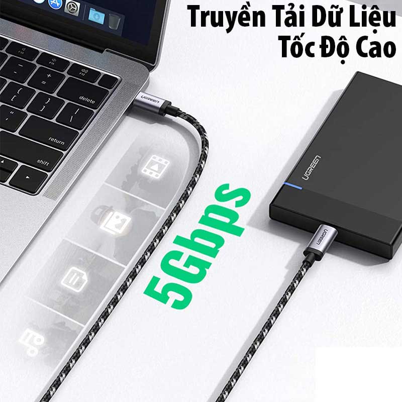 Ugreen 50450 Cáp tròn UGREEN USB-C to USB-C 3.1 Gen 1 5Gbps M/M Vỏ nhôm 2m (Xám-Đen)