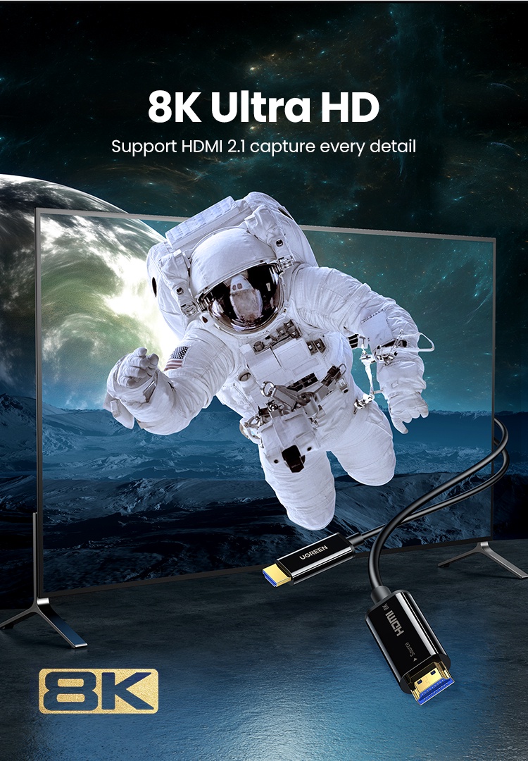 Ugreen 50500 Cáp HDMI 2.1 sợi quang 50m hỗ trợ 8K 60Hz, 4K 120Hz cao cấp