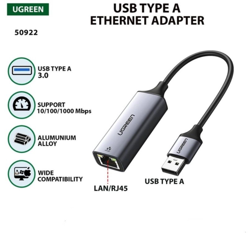 UGREEN 50922 Cáp USB 3.0 to Lan tốc độ đường truyền Gigabit 10/100/1000Mbps