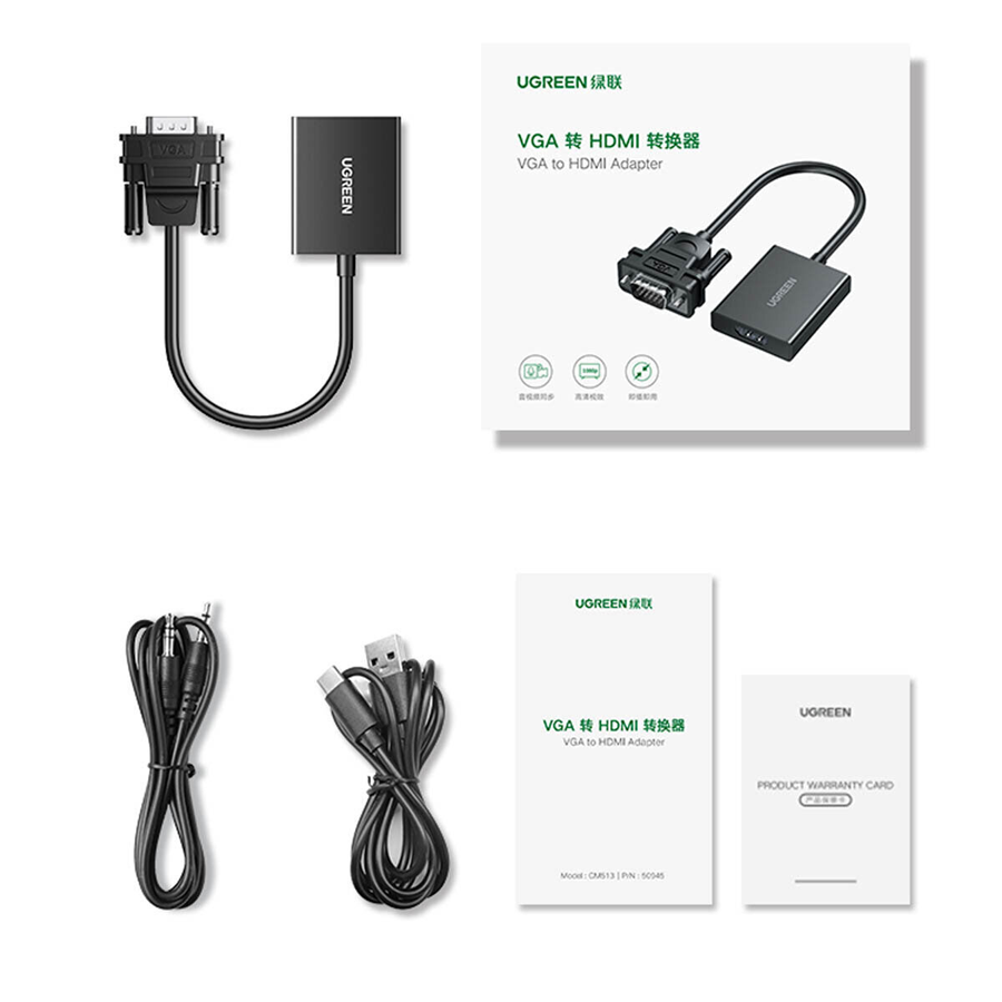 Ugreen 50945, Cáp chuyển đổi VGA sang HDMI+Audio 1080P@60Hz Cao Cấp