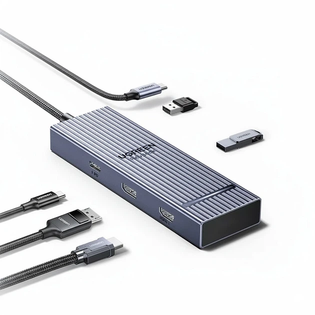 Ugreen 55610 Bộ chia 7in1 Hub USB-C sang HDMI 4K-60Hz, DisplayPort 8K-30Hz, 4 cổng USB-A PD 100W