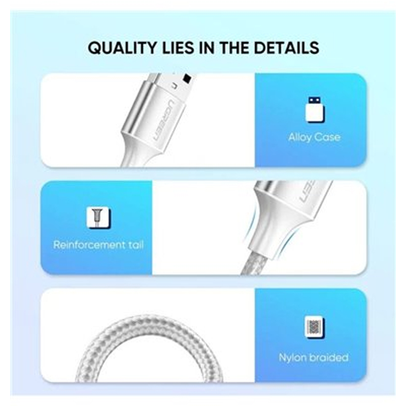 Ugreen 60119 Cáp UGREEN USB-A 2.0 to USB-C Mạ Niken 0.25m (Trắng) cao cấp