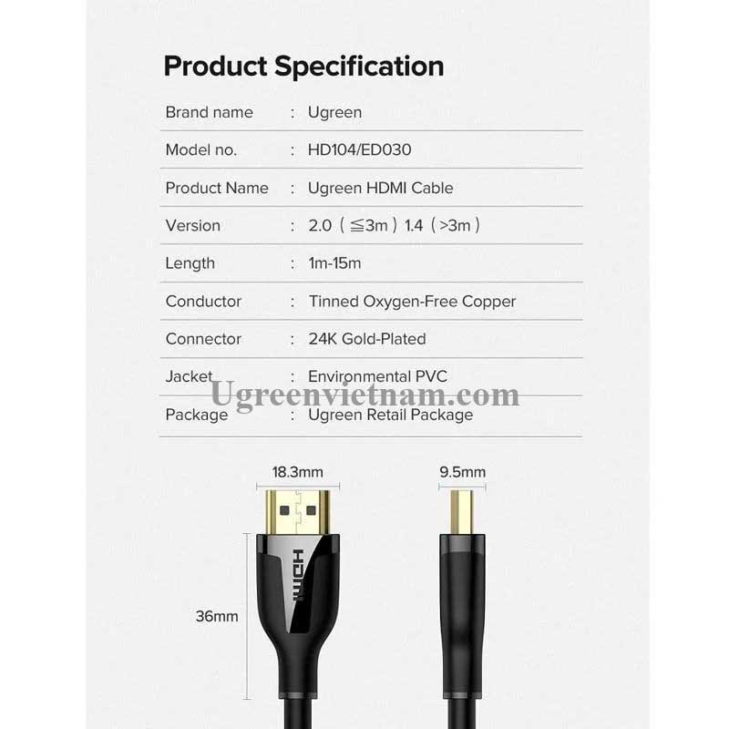 Ugreen 60438 Cáp HDMI UGREEN AM/AM 1m (Đen) hỗ trợ độ phân giải 4K/60Hz cao cấp