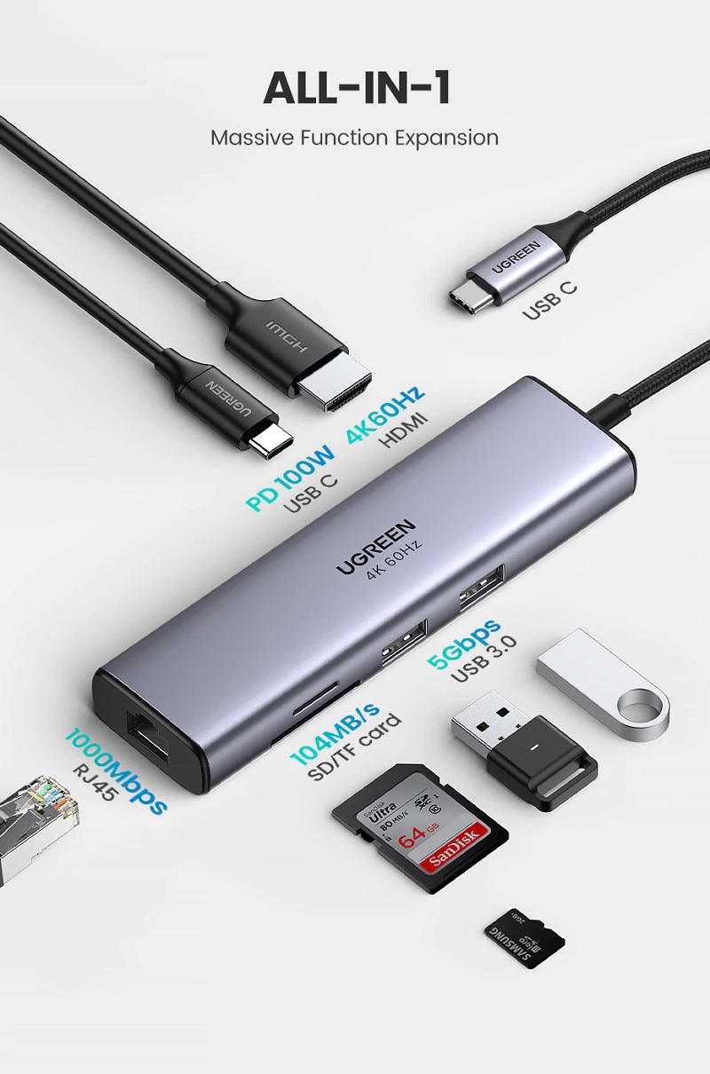 Ugreen 60515 - Bộ chuyển đổi đa năng USB typeC 7 in 1